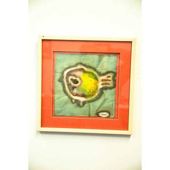 Vtg Tie-Dyed Fabric Art Abstract Fish Nemo Swimming Orange Matting Artist Signed